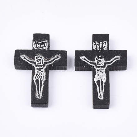 印刷木製のペンダント  十字架クロス  イースターのために  染め  ブラック  32.5~33.5x21~22x4.5mm  穴：2mm WOOD-S050-35A-02-1