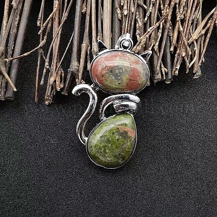 Ожерелья с подвеской в форме кошки из сплава паве из натурального унакита FS-WG6CBFA-07-1