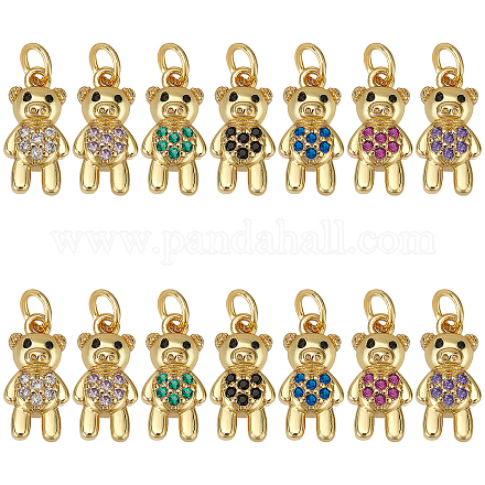 SUPERFINDINGS 14Pcs 7 Colors Brass Bear Charm Brass Micro Pave Clear Cubic Zirconia Pendants Real 18K Gold Plated Charm Pendant 15.5x8mm for Jewelry Necklace Earring Making KK-FH0004-24-1