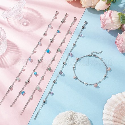 5 шт. 5 стиля браслеты на ногу из сплава с кисточками из натурального и синтетического драгоценного камня AJEW-AN00696-1