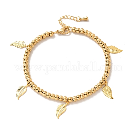 Vacuum Plating 304 Stainless Steel Leaf Charm Bracelet with 201 Stainless Steel Round Beads for Women BJEW-B057-18G-1