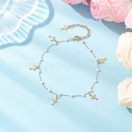 Женские браслеты на ногу из круглой искусственной жемчужины ABS и цепочек с кисточками из нержавеющей стали 304 AJEW-AN00738-02-1