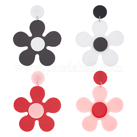 Fibloom 2 par de aretes asimétricos de flores acrílicas de 2 colores EJEW-FI0001-09-1