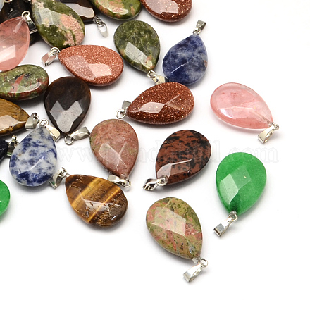 Faceted Flat Teardrop Natural & Synthetic Mixed Stone Pendants G-R312-M-1
