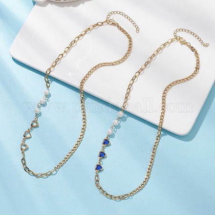 2 шт. Женские ожерелья-цепочки из нержавеющей стали 304 с круглым белым жемчугом и сердцем в форме сердца NJEW-JN05594-1