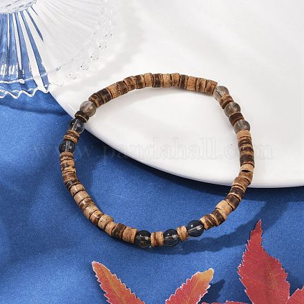 Натуральные кокосовые плоские круглые бусины эластичные браслеты для мужчин BJEW-JB11636-02-1