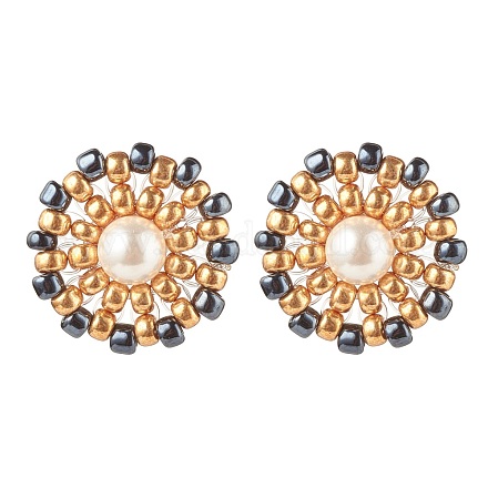 Shell Pearl & Glass Seed Braided Flower Stud Earrings EJEW-JE04921-04-1