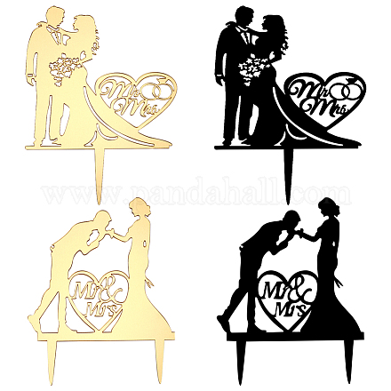 Craspire Mr & Mrs Wedding Cake Topper 4 pz. Coppia Cake Topper Sposa e Sposo Decorazione per Torta in Acrilico per Anniversario di Matrimonio San Valentino (Oro e Nero) AJEW-CP0001-45-1