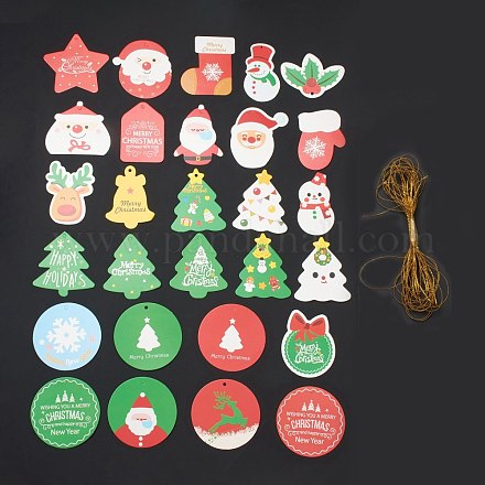 クリスマスのテーマの紙テープ  麻縄で  クリスマスツリーの装飾用  混合図形  カラフル  74~101x56~103x0.2mm  穴：5mm  28個/セット DIY-I069-01-1