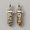 Natural Dalmatian Jasper Double Terminal Pointed Pendants, Faceted Bullet Charm, with Platinum Plated Alloy Findings, 40x13.5x10mm, Hole: 4x5mm