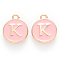 Golden Plated Alloy Enamel Charms, Cadmium Free & Lead Free, Enamelled Sequins, Flat Round with Letter, Pink, Letter.K, 14x12x2mm, Hole: 1.5mm