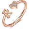 Adjustable Brass Rhinestone Cuff Rings, Letter & Heart, Rose Gold, Letter R, Inner Diameter: 15~20mm