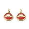 Brass Enamel Charms, with Jump Rings, Lip Charms, Rack Plating, Real 18K Gold Plated, Lead Free & Cadmium Free, Long-Lasting Plated, Red, 11x11.5x2.5mm, Hole: 3.3mm