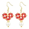 Glass Dangle Earrings, with Shell Pearl Beads and 304 Stainless Steel Earring Hooks, Heart, Red, 42x20~22mm