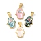Brass Enamel Pendants, Hamsa Hand Charms, with Natural Shell, Long-Lasting Plated, Rack Plating, Real 18K Gold Plated, Mixed Color, 15.5x11.5x3mm, Hole: 4.5x3.5mm