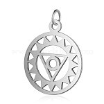 201 Stainless Steel Pendants, Chakra, Visuddha, Flat Round with Triangle, Stainless Steel Color, 22.5x19x1mm, Hole: 3mm