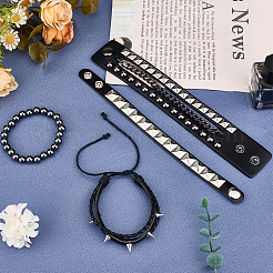 4 шт. 4 стиля панк-стиль гематитовые круглые тянущиеся браслеты и заклепочные браслеты с плетеными бисером из сплава браслеты и браслеты из искусственной кожи для мужчин и женщин&nbsp;BJEW-WH20002-09B