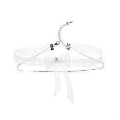 Двухслойные ожерелья-чокеры из сплава с пластиковым жемчугом и бантом из кружева для женщин FS-WG34BC4-01