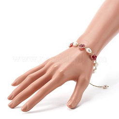 女の子の女性のための梅の花の花のガラスのリンクブレスレット  ナチュラルパールビーズブレスレット  ゴールドカラー  レッド  7-1/8インチ（18cm）&nbsp;X1-BJEW-TA00017-02