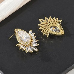 Pendientes de botón de latón y circonita cúbica transparente en forma de lágrima con detalles en forma de marquesa para mujer&nbsp;KK-CBA36A2-12G