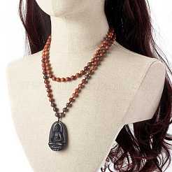 Collane con ciondolo buddha intagliato in ossidiana naturale&nbsp;NJEW-JN03643