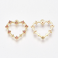 真鍮キュービックジルコニアチャーム  ニッケルフリー  18KGP本金メッキ  ハート  レッドオレンジ  18~19x18~19x2.5mm  穴：1mm&nbsp;KK-T038-506C