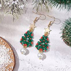 Серьги-подвески в виде деревьев из стеклянных бусин и стеклянного жемчуга EJEW-MZ00276-02