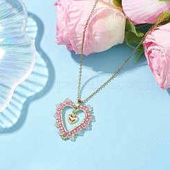 シードビーズとガラスのハートペンダントネックレス  女性用304ステンレススチールアズキチェーンネックレス  ピンク  17.56インチ（44.6cm）&nbsp;NJEW-MZ00043