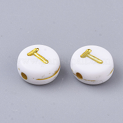 メッキアクリルビーズ  ゴールドライン入り  水平穴  アルファベット付きのフラットラウンド  ホワイト  文字.t  7x3.5mm  穴：1.2mm  約3600個/500g&nbsp;LS-PACR-R242-01T