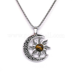 Gothic Mond Sonne 201 Edelstahl Pavé natürliche Tigerauge Anhänger Halsketten für Frauen&nbsp;FS-WG56BEB-01