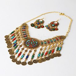 Комплекты из цепочек и серег с подвесками из сплава Bohemia с плоскими круглыми кисточками и стразами FS-WG58F87-01