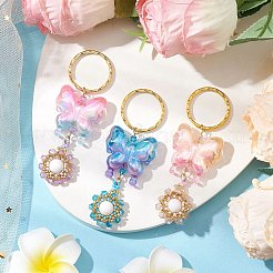3 porte-clés en perles de papillon et de graines de verre en acrylique et fleur&nbsp;KEYC-MZ00007