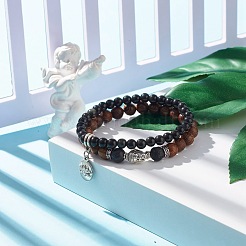 Braccialetti elastici in legno di ossidiana naturale e pietra lavica in stile 2 pezzi con charm di loto e testa di buddha&nbsp;BJEW-JB07615