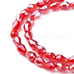 電気メッキガラスビーズセット  パール光沢メッキ  多面カット  ティアドロップ  レッド  6x4mm  穴：1mm  約72個/連  15インチ&nbsp;X-EGLA-R008-6x4mm-9