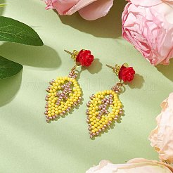 Ohrstecker mit Rose und Blatt-Saatperlen-Perlen&nbsp;EJEW-MZ00222-01