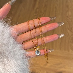 Ожерелья с подвесками в виде банта и овала из стерлингового серебра с микропаве из кубических цирконий для женщин&nbsp;NJEW-F338-09G