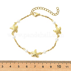 304ステンレススチールと丸いシェルパールビーズのリンクブレスレット  女性用サテライトチェーンブレスレット  ヒトデ  7.24インチ（18.4cm）  ヒトデ：17x11x4mm&nbsp;BJEW-JB13977-03