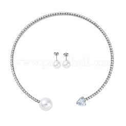 Круглые пластиковые серьги-гвоздики с имитацией жемчуга и колье-чокер с сердечками из кубического циркония и стразами SJEW-U003-10P