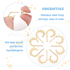 304ステンレススチールスタッドピアス金具4組  ピアスバックキャッチ/イヤーナットとループ付き  C字型  ゴールドカラー  11x17x1mm  穴：1mm  ピン：0.8mm&nbsp;STAS-UN0034-57