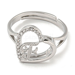 Сердце с буквой стойка покрытие латунь микро паве кубический цирконий регулируемые кольца для женщин&nbsp;RJEW-I105-06P-F