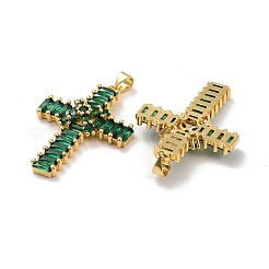 真鍮製マイクロパヴェキュービックジルコニアペンダント  18KGP本金メッキ  鉛フリー＆カドミウムフリー  クロス  濃い緑  38x27x5.5mm  穴：4x3.5mm&nbsp;X-KK-K258-25G-RS