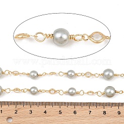 Catena a maglie tonde in ABS con placcatura in ottone e perline di vetro e perline di finta madreperla.&nbsp;KK-CBA3816-01B