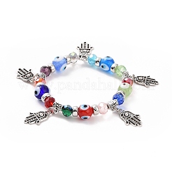 Braccialetto elasticizzato con perline di vetro e malocchio a lume di colore casuale con ciondolo a forma di mano di hamsa in lega per le donne&nbsp;RELI-PW0001-036G