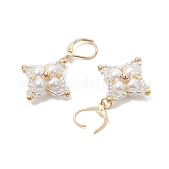 ガラスシードビーズ菱形フレンチフックピアス  シェルパールと304ステンレススチールのフレンチフックピアス金具付き  銀  42x25mm&nbsp;EJEW-MZ00346-04