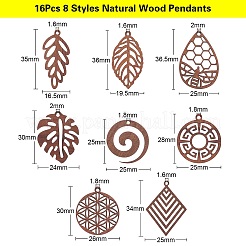 16 pièces 8 styles pendentifs en bois naturel&nbsp;WOOD-CJ0001-71