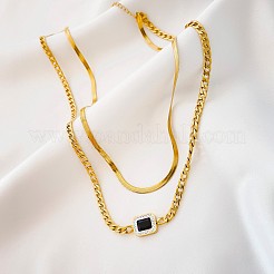 ステンレススチール ヘリンボーン & キューバ リンク チェーン 304 層ネックレス 16.54 個  ラインストーン長方形ペンダントネックレス  ゴールドカラー  42インチ（[2]cm）&nbsp;NJEW-H024-01G
