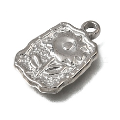 304ステンレスペンダント  花のチャームが付いたハンマー仕上げの長方形  ステンレス鋼色  22x15x2.5mm  穴：3mm&nbsp;SA-CBA7C25-02C-P