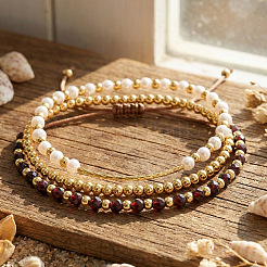 3 bracciale con perline intrecciate in ottone e granato naturale regolabile in 3 stili&nbsp;SF2347-1