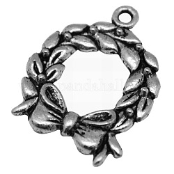 Zinc Alloy Christmas Wreath Pendants, Charms for Christmas Day Gift Making, Lead Free & Cadmium Free & Nickel Free, Antique Silver, about 25mm long, 19mm wide, 3mm thick, hole: 6mm