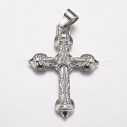 304 Stainless Steel Big Pendants, with Rhinestone, Cross, Stainless Steel Color, 38x55x4mm, Hole: 7x9mm